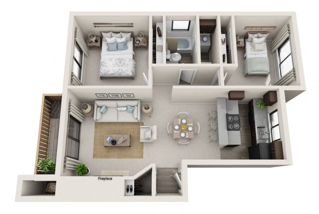 Floor plan for 2 beds, 1 bath, 837 sqft